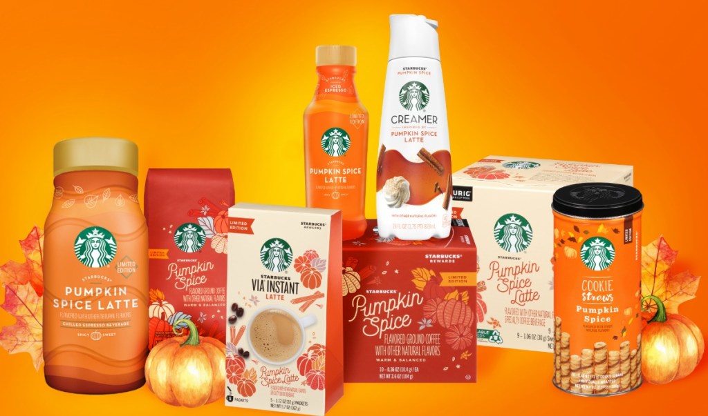 a large variety of Starbucks pumpkin spice flavored products stacked with an orange background