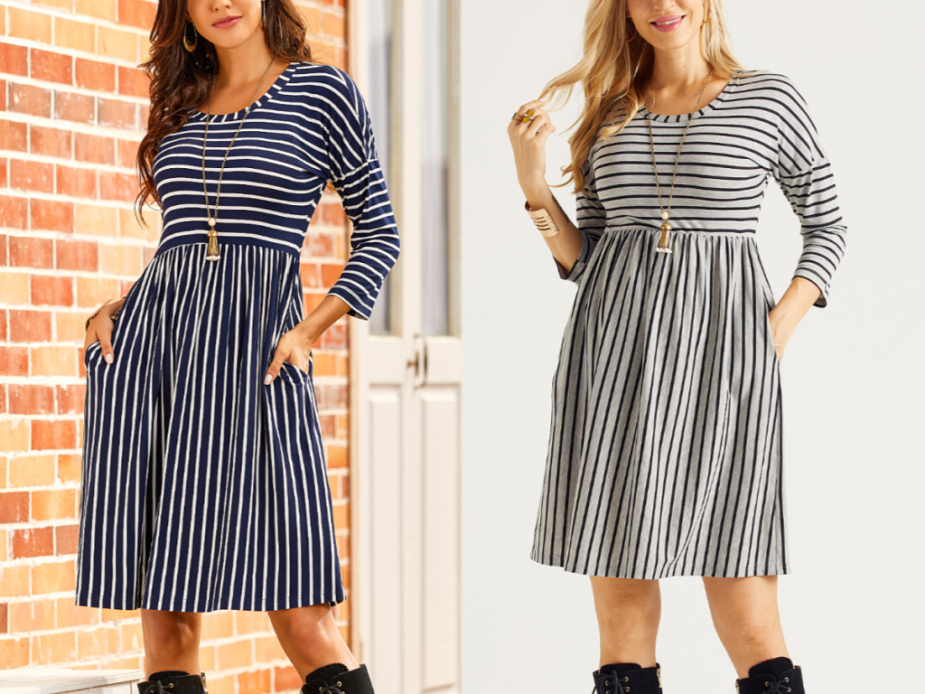 Stripe Three-Quarter Sleeve Empire-Waist Dress