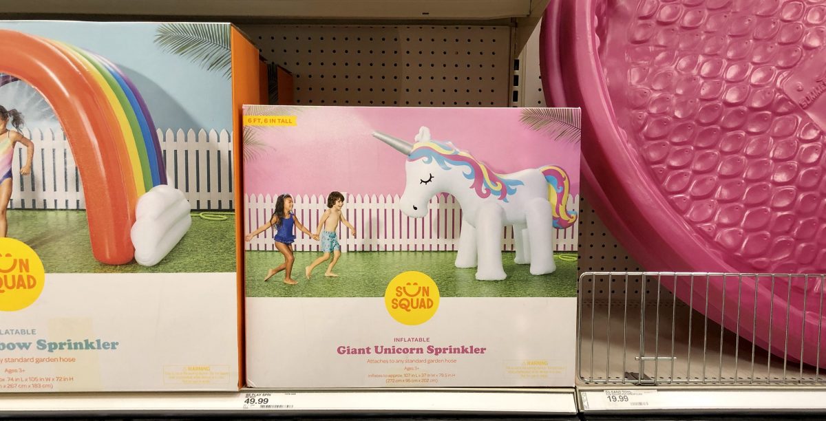 giant unicorn sprinkler on store shelf
