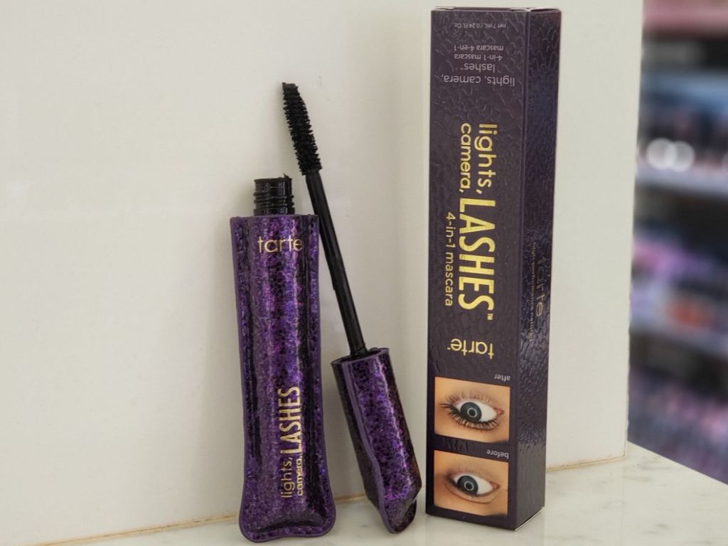 Tarte lights, camera, lashes 4-in-1 mascara on counter