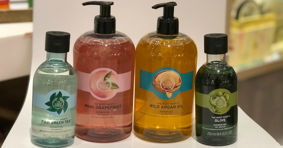 assorted sized of The Body Shop shower gel