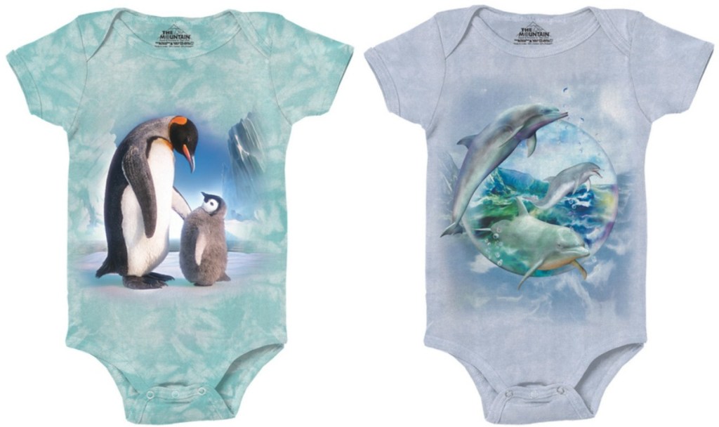 Baby bodysuits from The Mountain on teal and purple with dolphins
