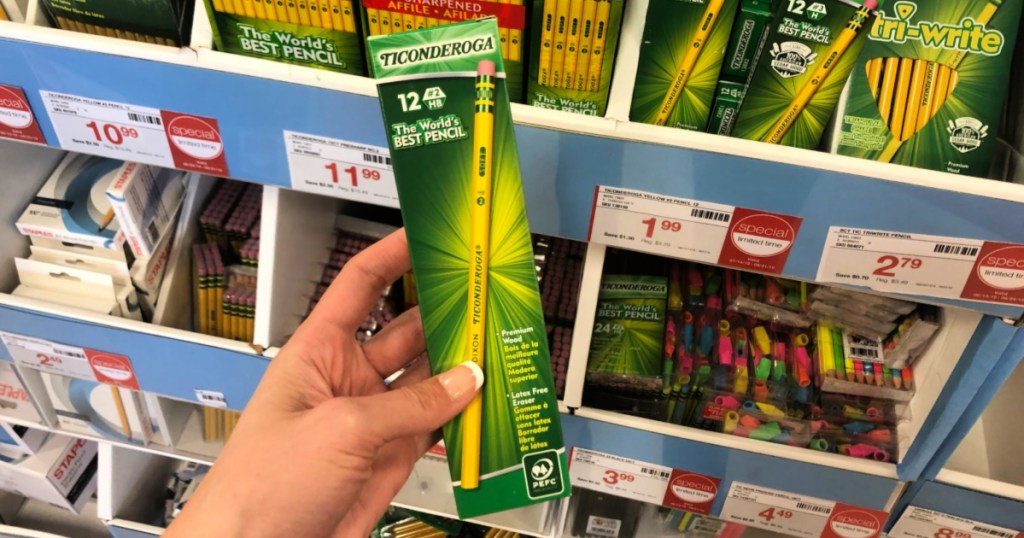 hand holding 12 pack of ticonderoga pencls
