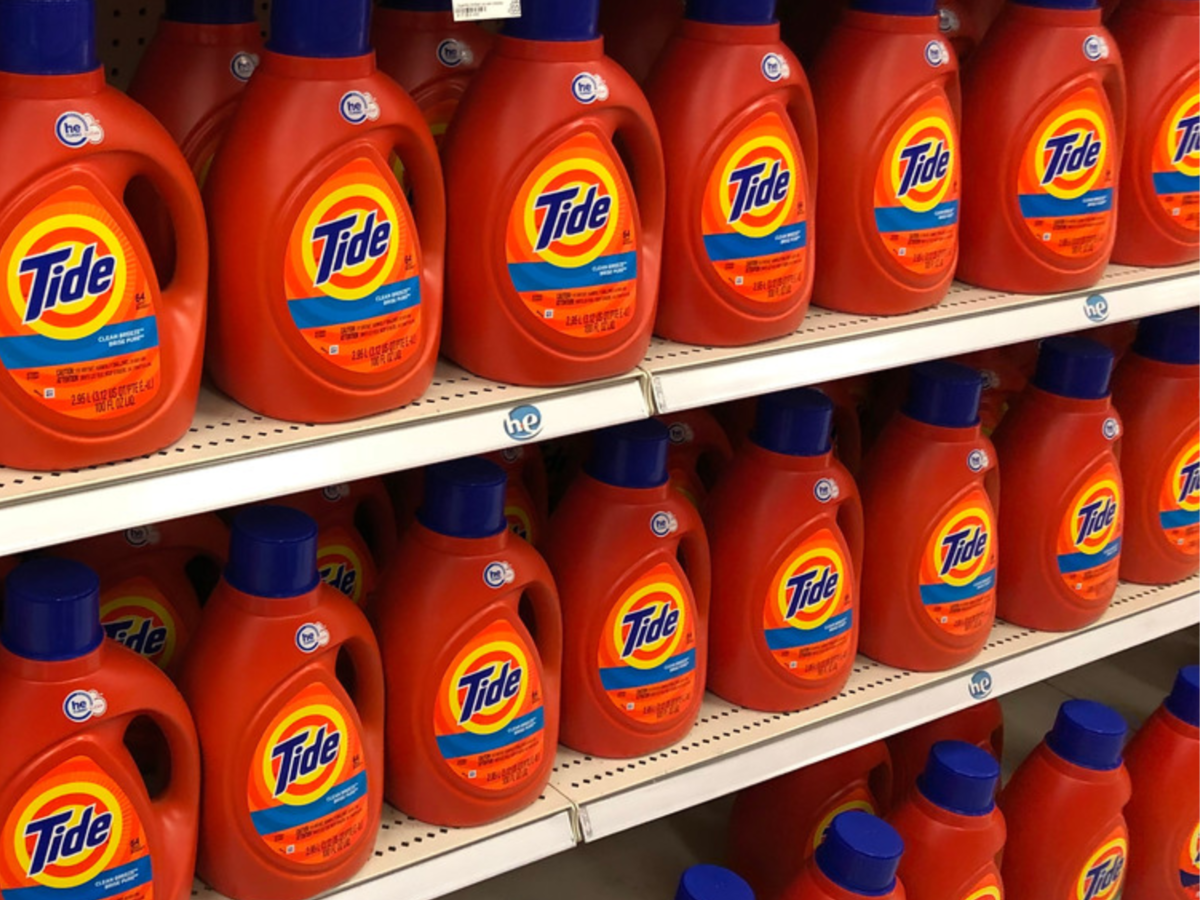 Tide Laundry Detergent 100 oz bottles on retail shelf