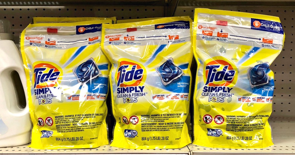 packages of tide simply clean pods on shelf