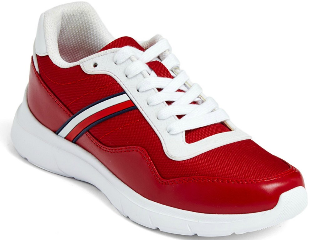 red tommy shoes with a stripe