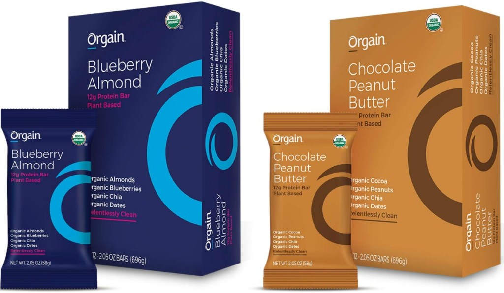 Two flavors of Orgain Protein Bars in twelve packs