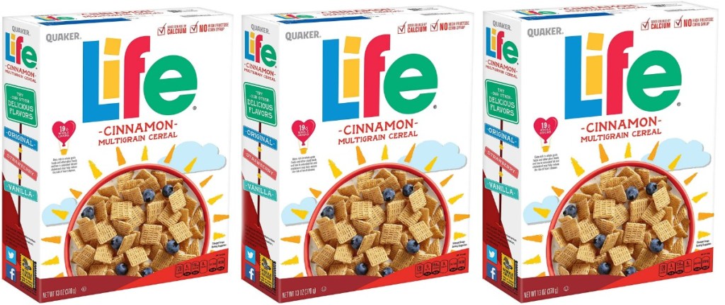 Three boxes of Quaker Life Cereal in Cinnamon Flavor