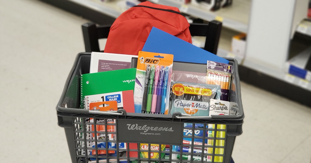 Assorted School Supplies in Walgreens basket