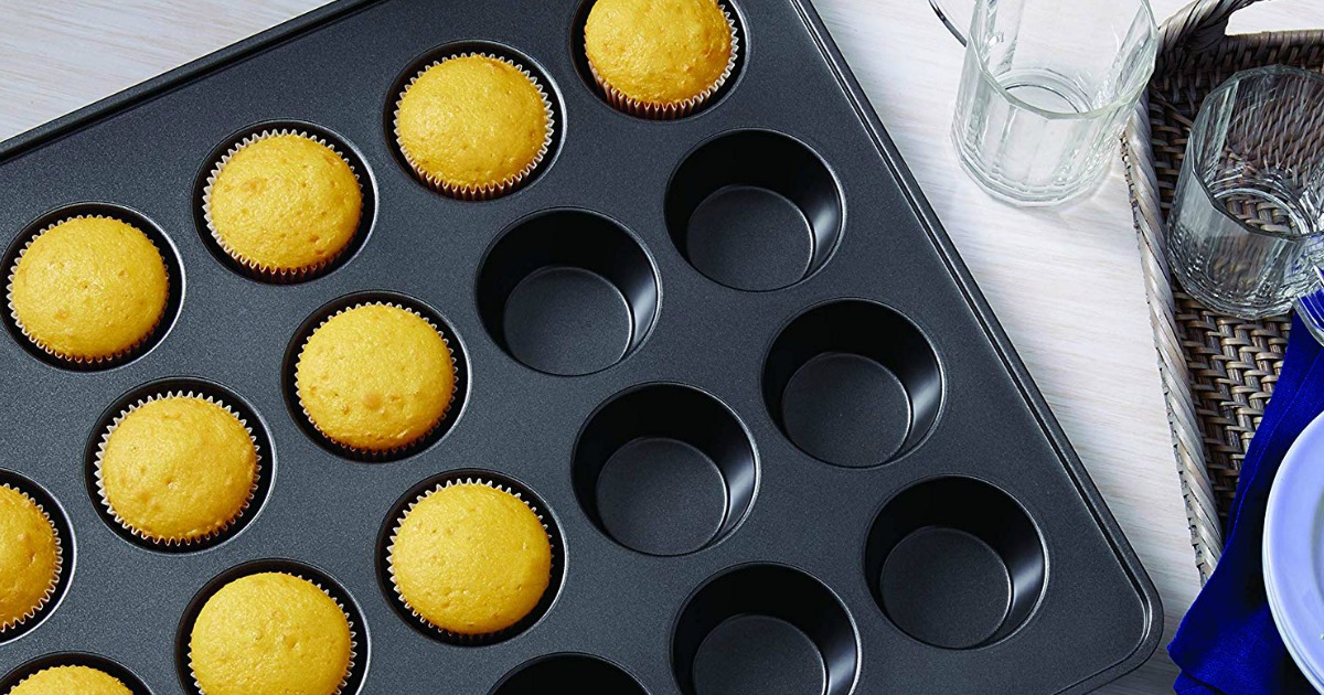 cupcake muffin baking pan half filled with muffins