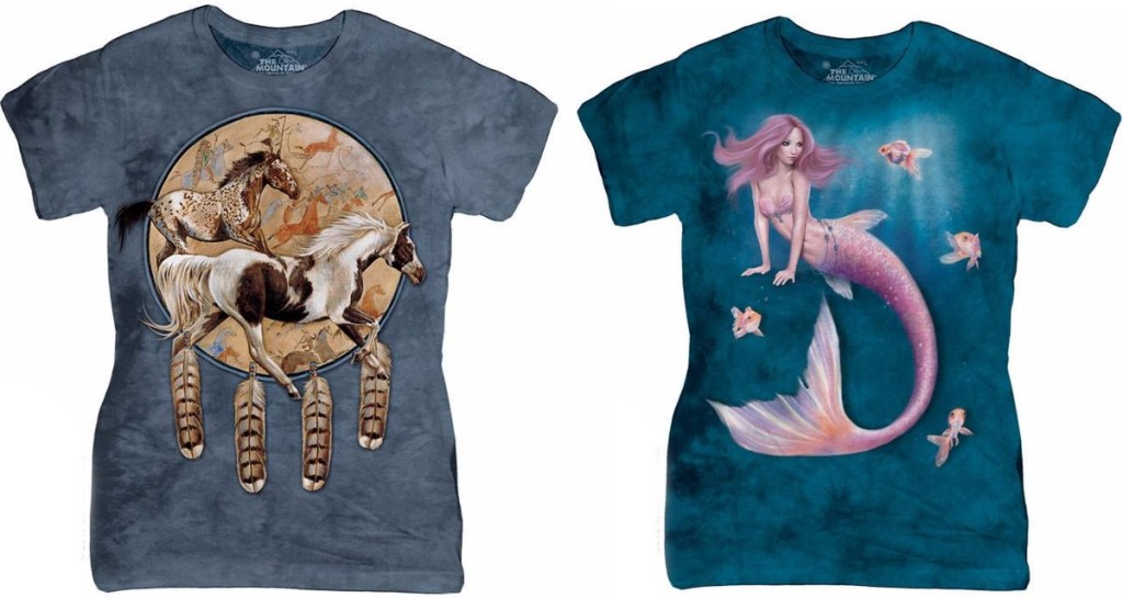 Two styles of Women's tees from The Mountain with a mermaid
