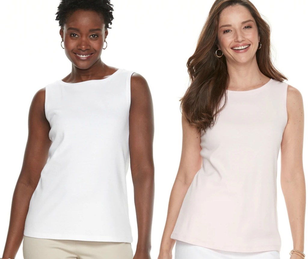 Women wearing tank tops in Croft & Barrow brand white and pink from Kohl's