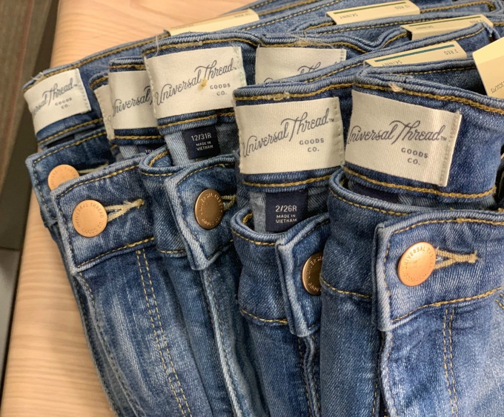 Skinny jeans in a medium wash on display at Target