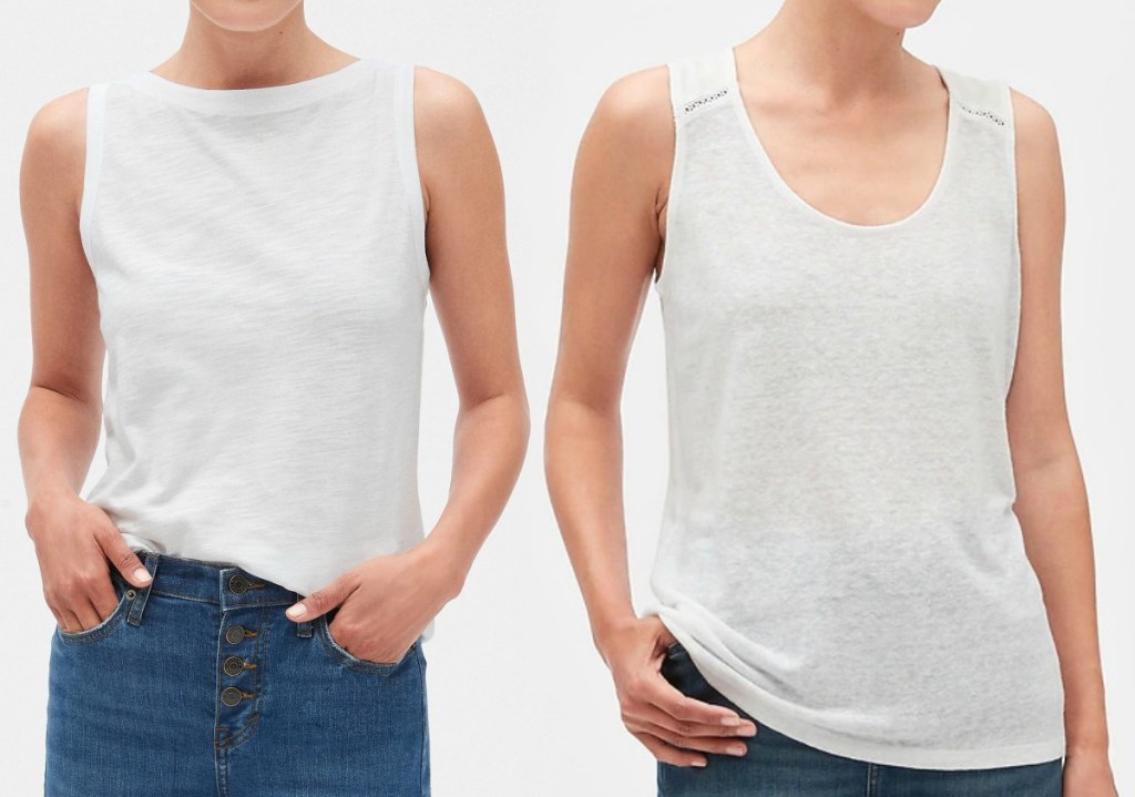 Two women wearing white colored tank tops in different styles from Banana Republic