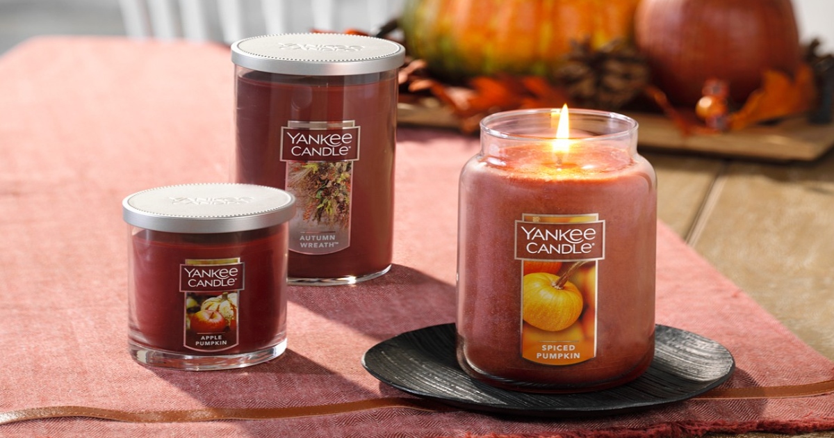 Yankee Candle, Harvest Collection Candles. Three fall candles on a table.