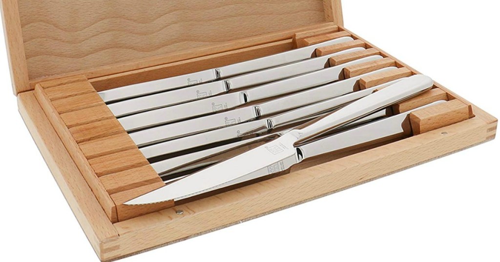 ZWILLING-brand stainless steel steak knife set with eight knives in wooden display box