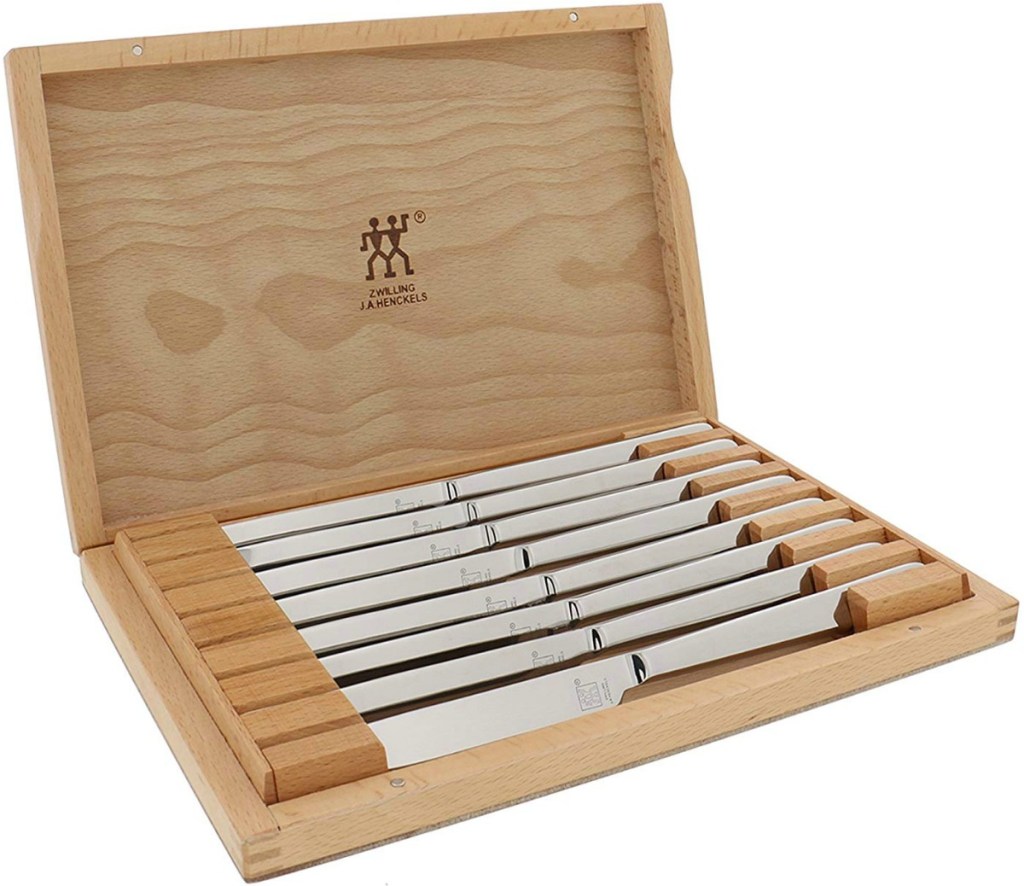 ZWILLING-brand stainless steel steak knife set with eight knives in wooden display box