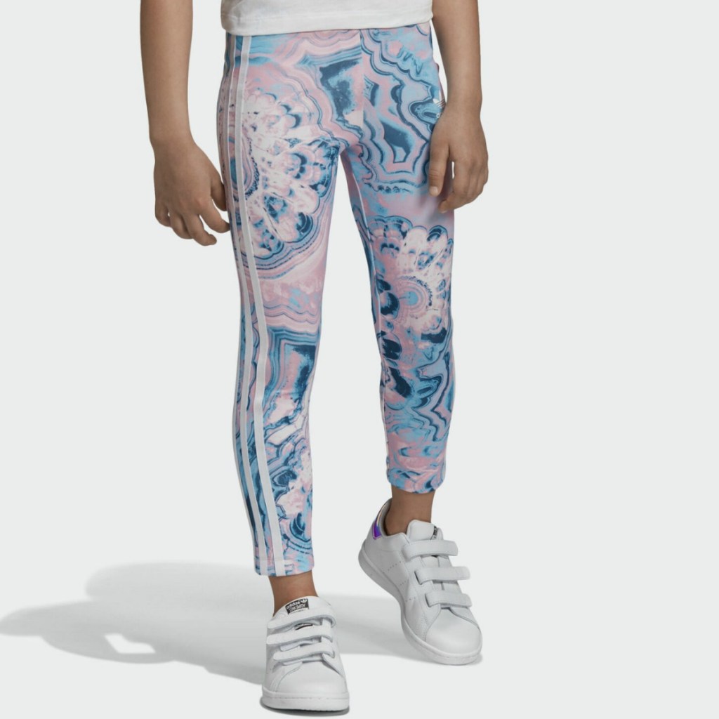 blue and pink marbled kids adidas leggings