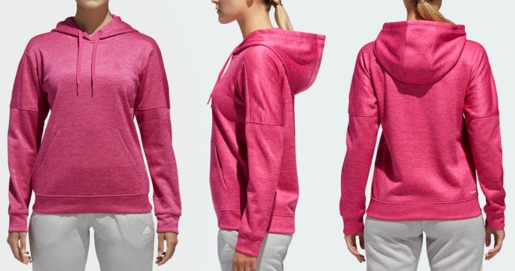 Hot pink Women's adidas hoodie at three angles