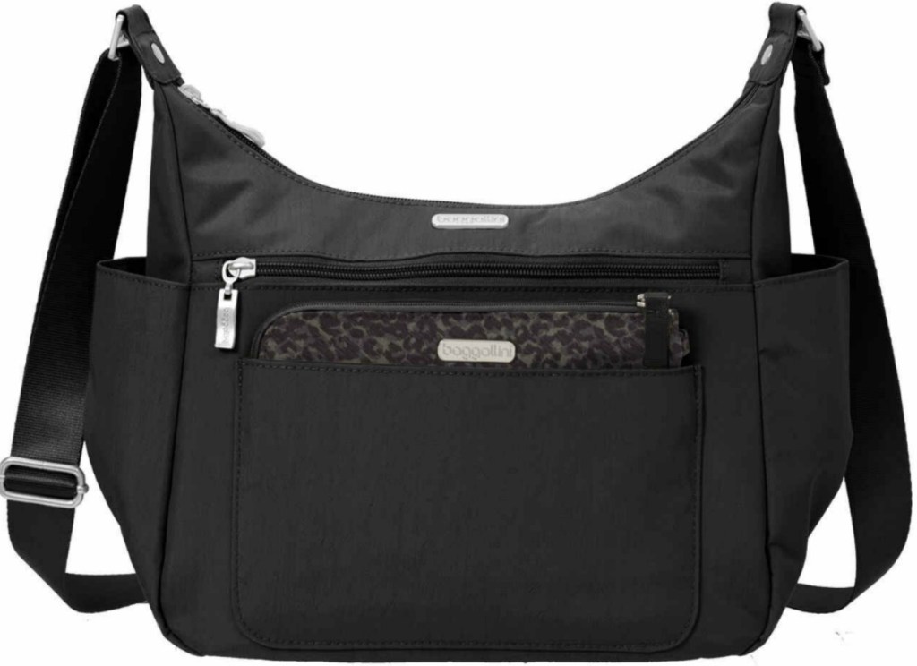 black hobo style tote back with many pockets and zippers