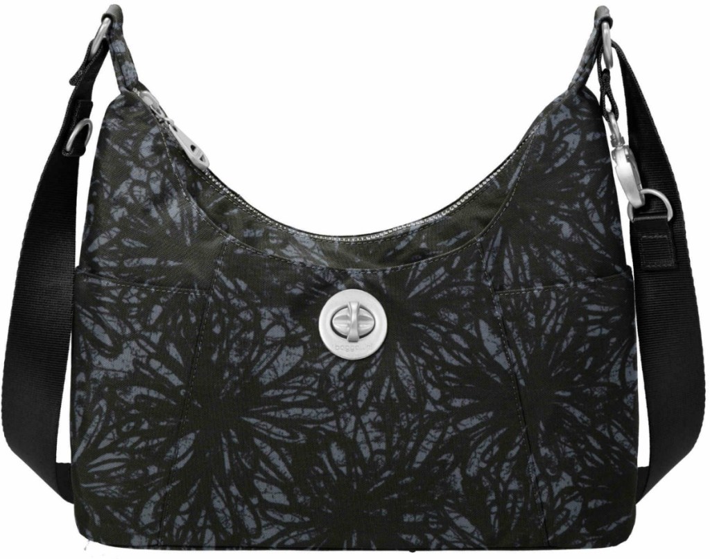 Black floral printed hobo style tote bag