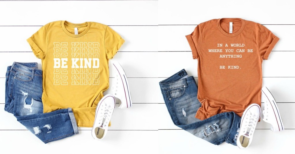 be kind t-shirts in yellow and orange