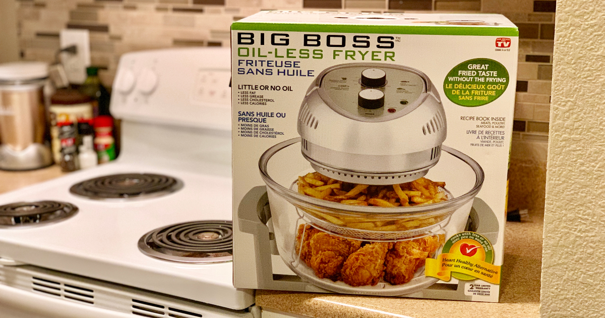 Big Boss Air Fryer box on counter next to stove