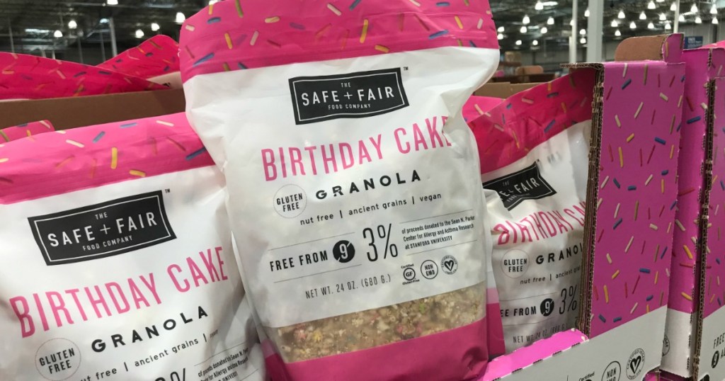 store display of granola in a pink bag