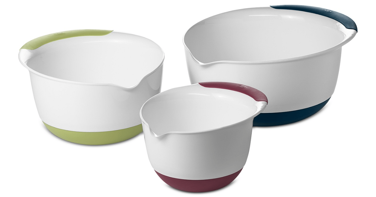 OXO mixing bowls with colored grips and bases