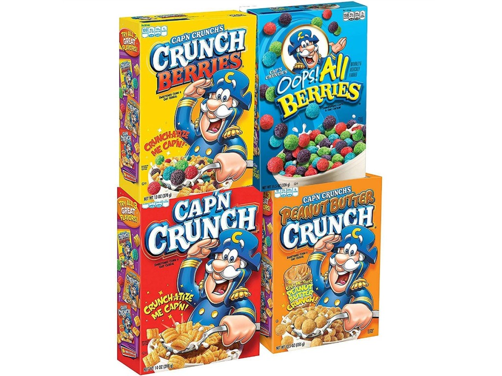 capn' crunch original, opps all berries, crunch berries and peanut butter crunch