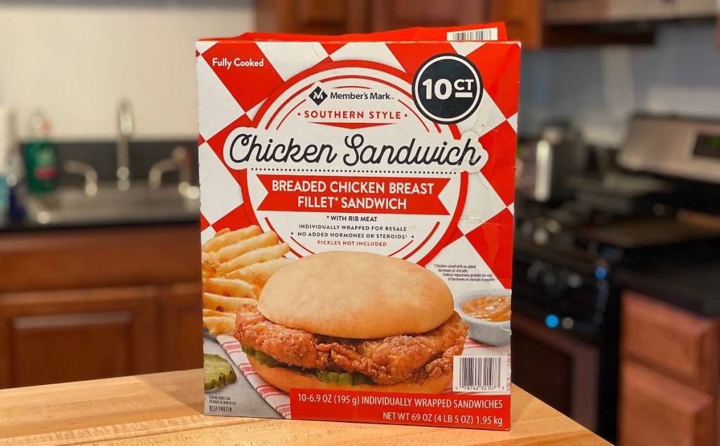 box of chicken sandwiches sitting on kitchen counter