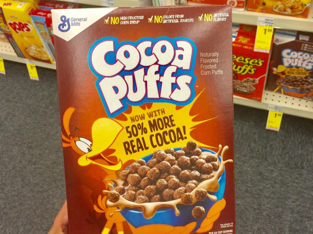 box of chocolate cereal by store shelf