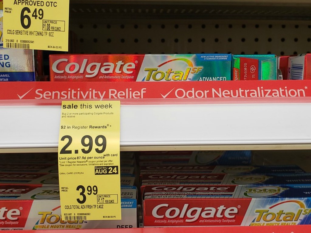 toothpaste on store shelf with price tag
