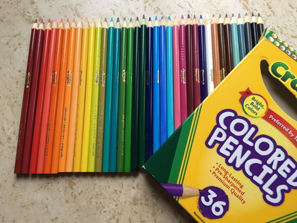crayola colored pencils next to box