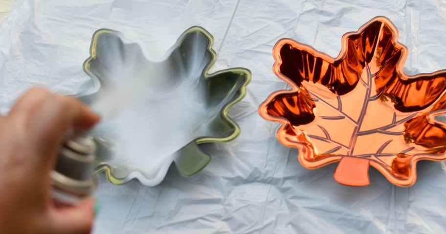 spray painting dollar tree leaf dishes