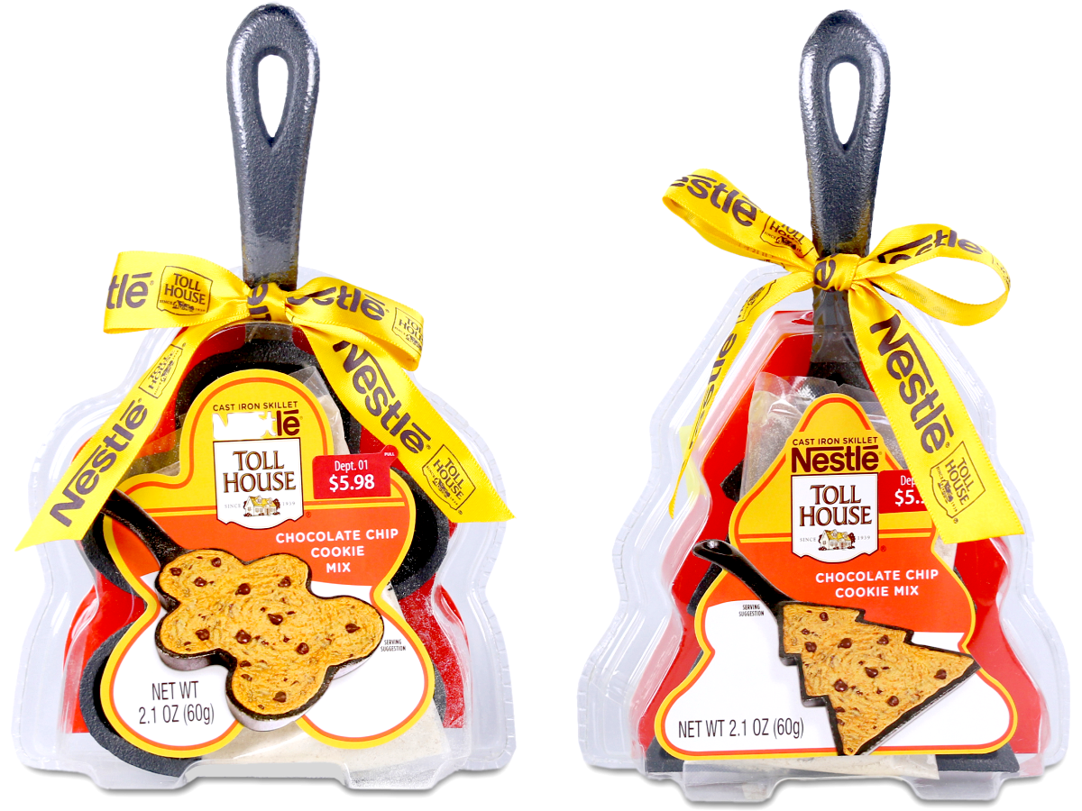 toll house chocolate chip cookie skillets in gingerbread man and Christmas tree