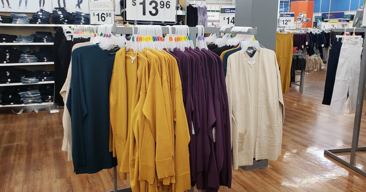 open-front cardigans hanging in-store