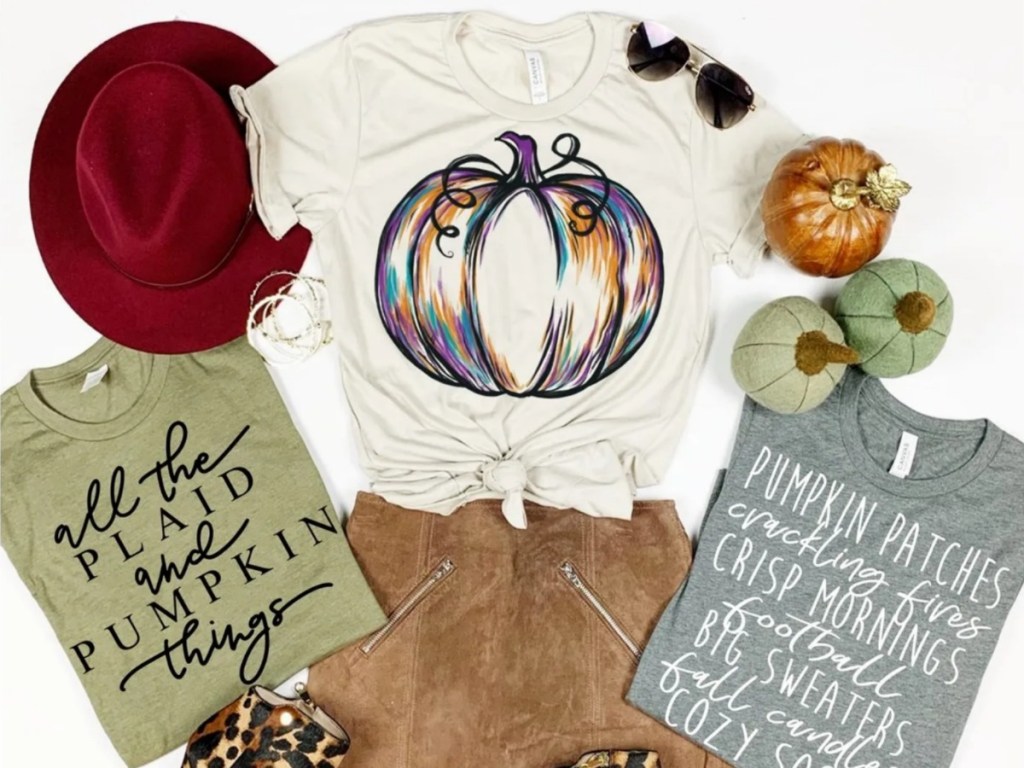 autumn t-shirts and skirt and hat