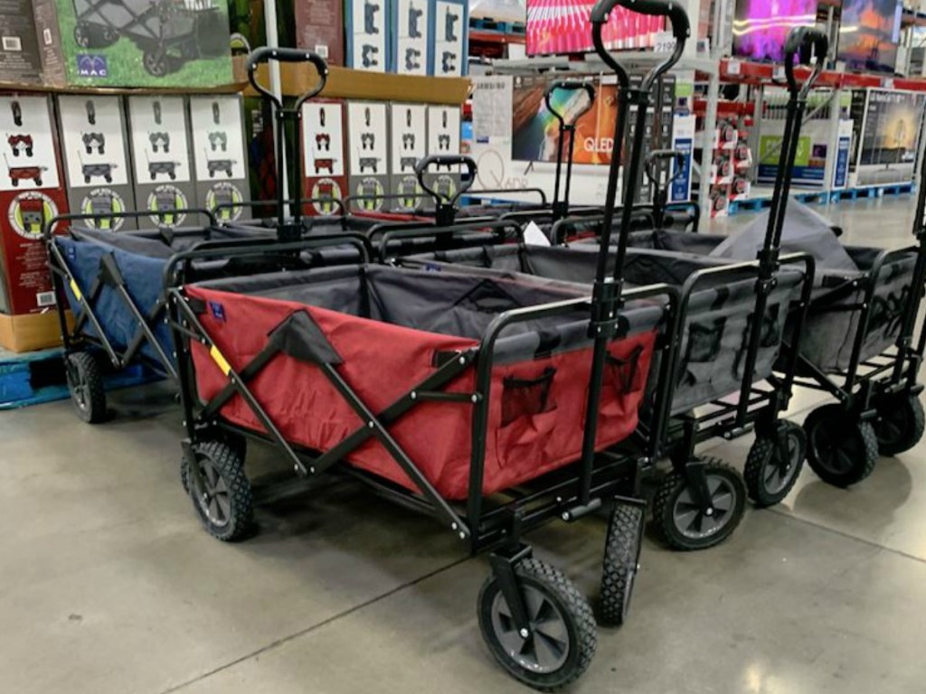 wagon inside store in red, blue and grey