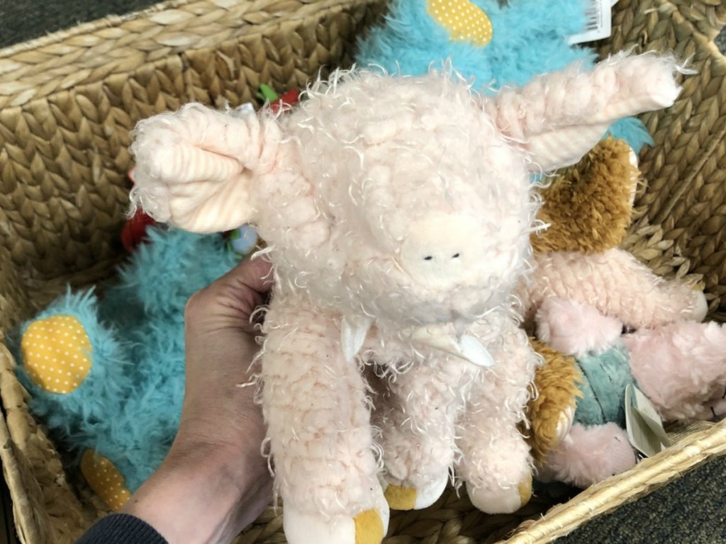 hand holding soft animal pig in front of basket