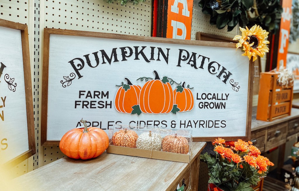 pumpkin patch sign with various fall home decor on display in store