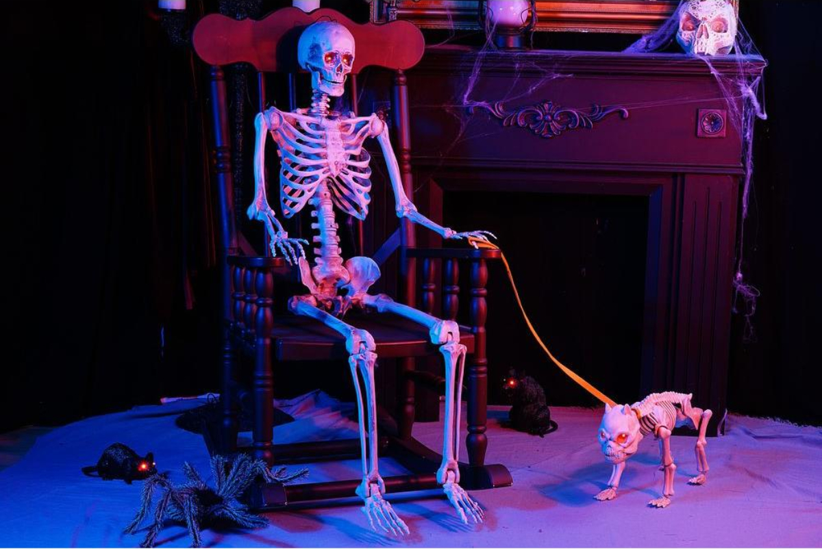 Light up skeleton sitting with skeleton dog