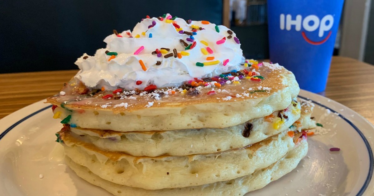 stack of pancakes with whip cream, sprinkles and coffee birthday freebies