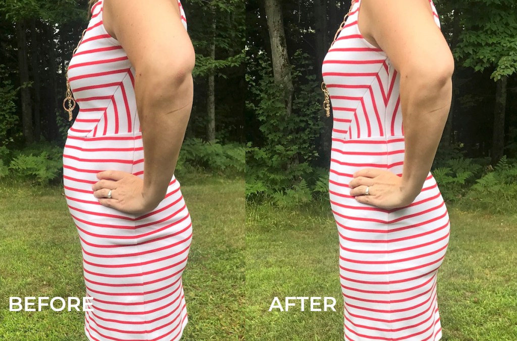 woman wearing white and red strip dress before and after shapewear