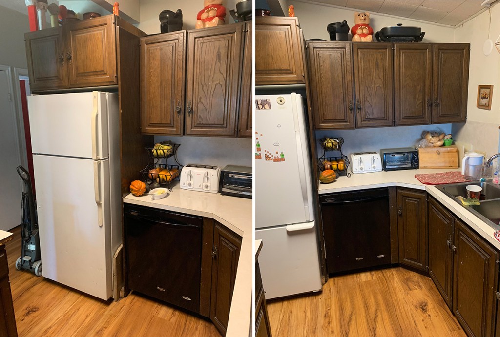 kitchen beforehand with brown cabinets and old countertop