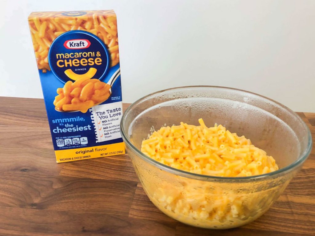 Kraft Macaroni and Cheese in bowl next to box