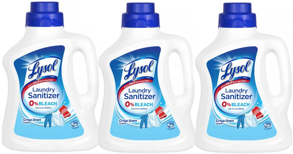 three bottles of laundry sanitizer on white background