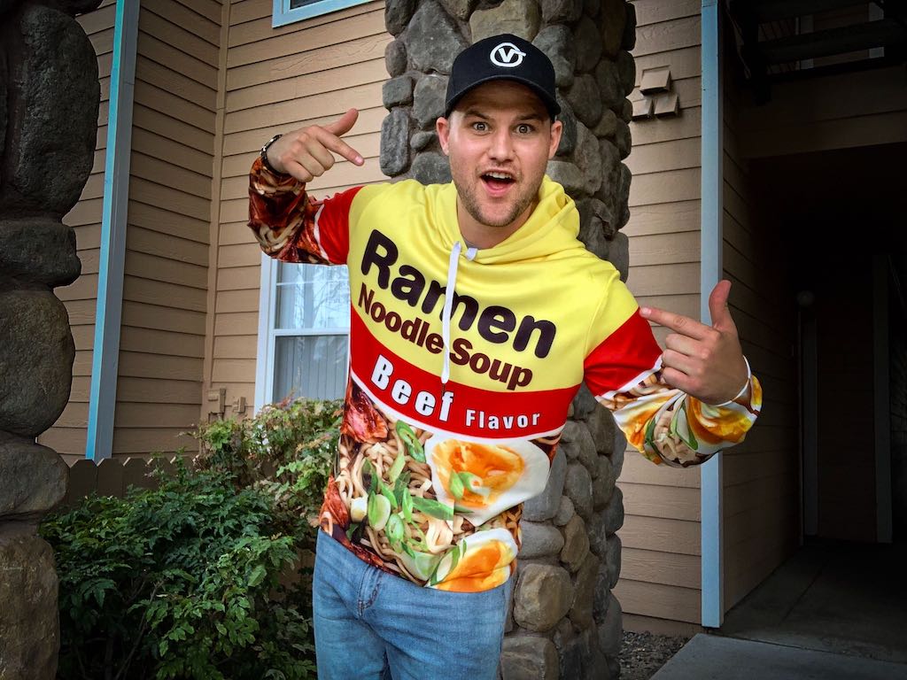man wearing ramen noodle soup hoodie 