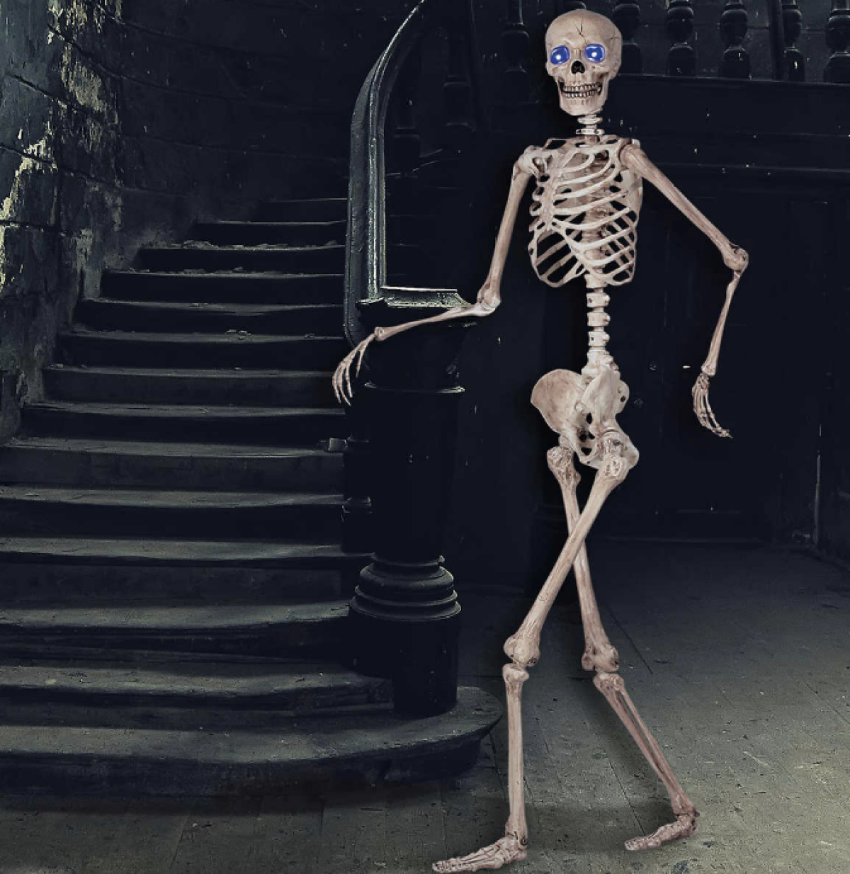 Skeleton at bottom of stairs