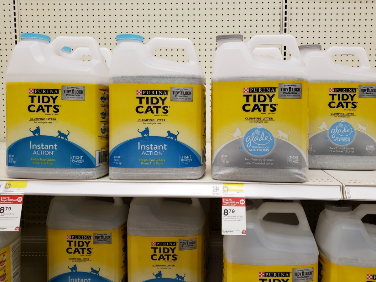 jugs of tidy cats cat litter on target shelf